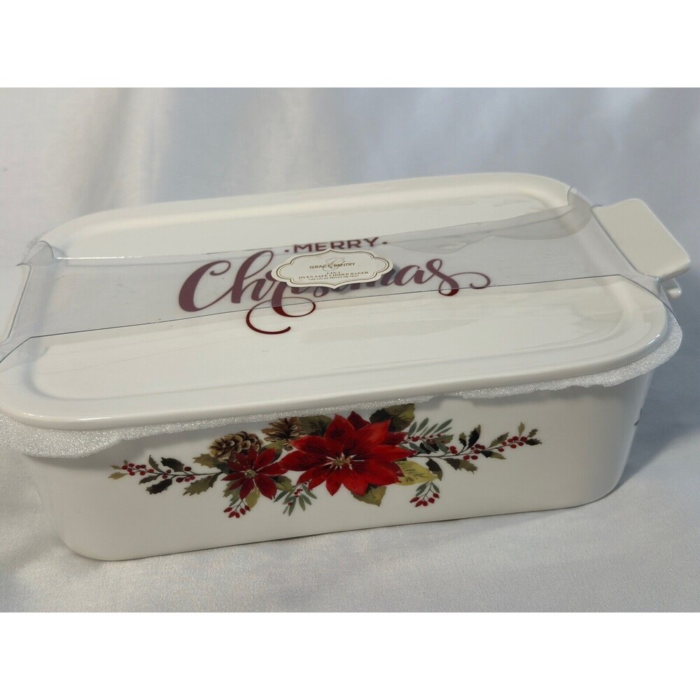 Grace Pantry Poinsettia Rectangular Porcelain Casserole Baking Dish/Lid New